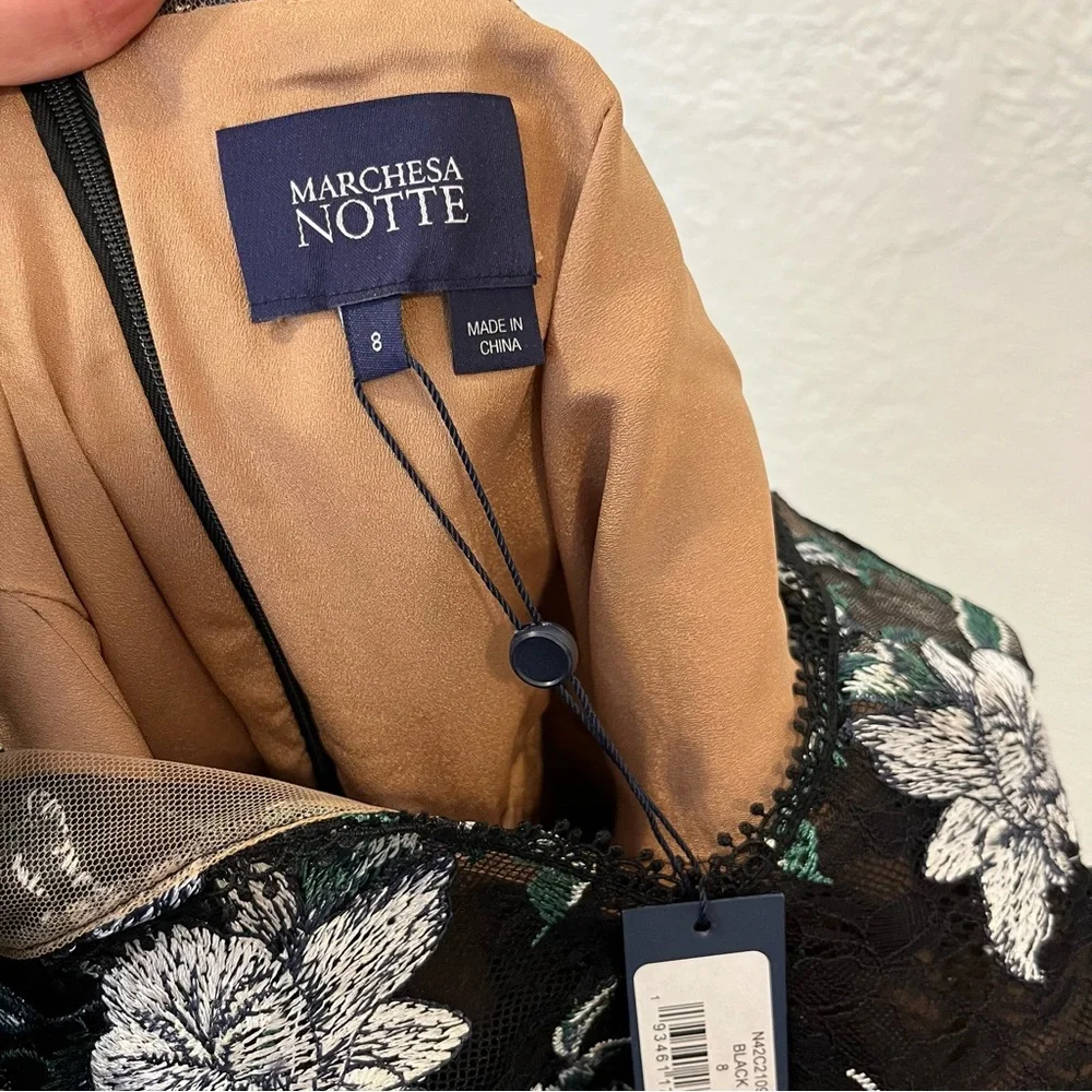 Marchesa Notte Black Floral Lace Embroidered Midi Dress 8 - Picture 12 of 13